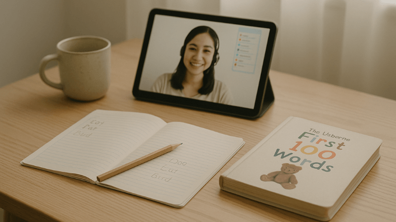 オンライン英会話の画面でフォニックスの勉強をしている